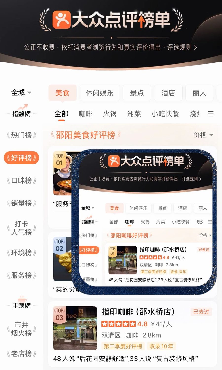 大众点评榜单——邵阳美食好评榜第三名，邵阳咖啡好评榜第一名